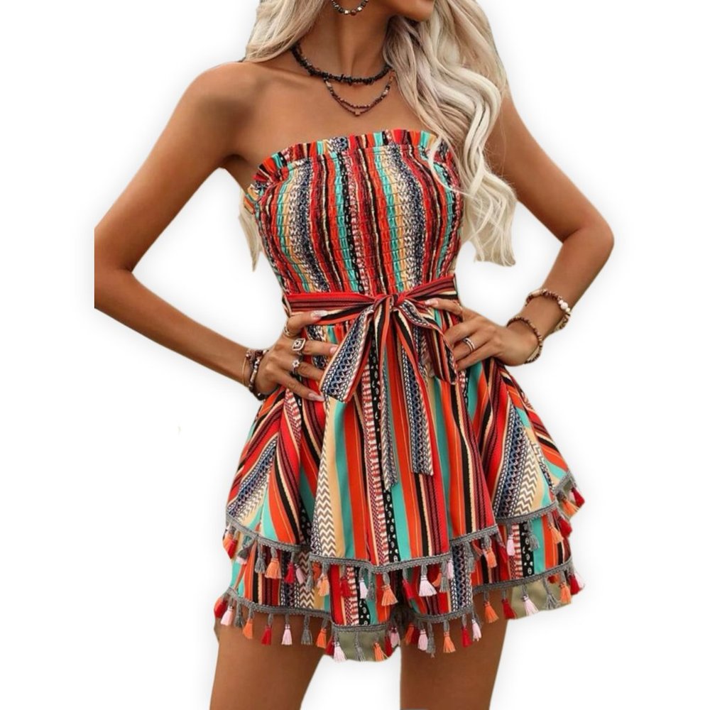 NEW Boho Strapless Romper Multicolor Tassel Trim Festival Summer Dress Size M